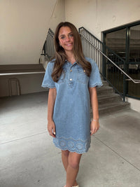 Embroidered Deatil A Line Denim Dress