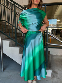 Ombre Satin Midi Swing Skirt