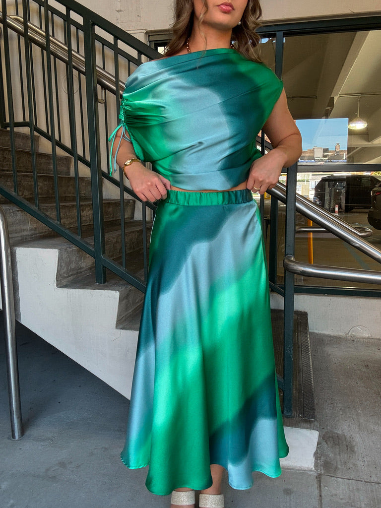 Ombre Satin Midi Swing Skirt