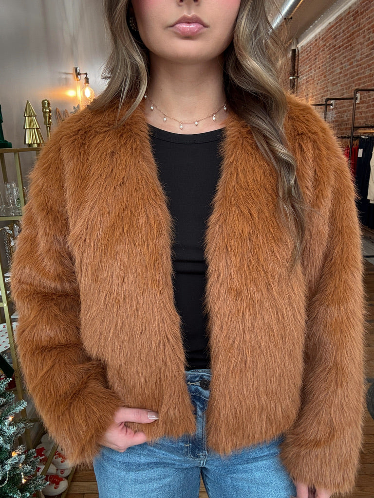 Faux Fur Open Jacket - Spicy Latte