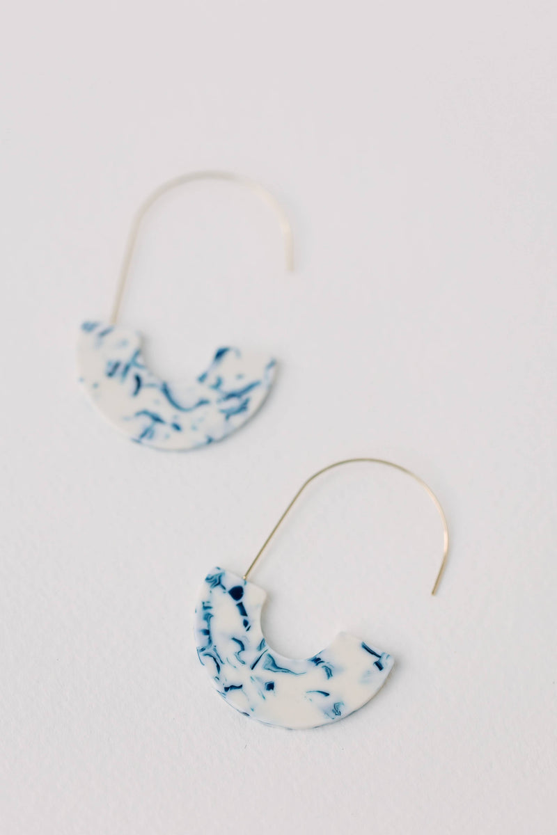 Blue and White Marble Threader Minimalist Statement Earrings