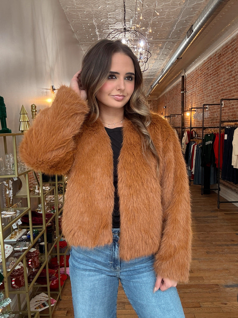 Faux Fur Open Jacket - Spicy Latte