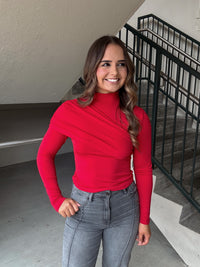 Asymmetrical LS Mock Neck Top - Red