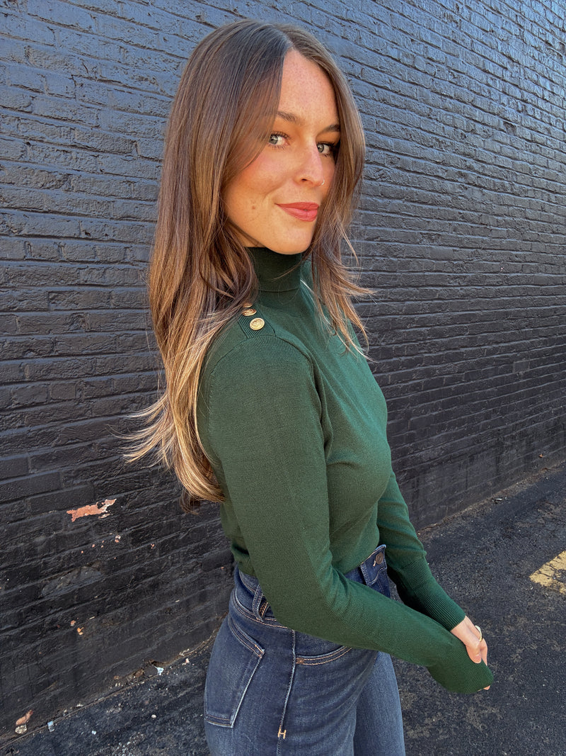 Gold Button Turtleneck Sweater - Hunter Green