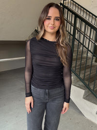 Ruched Mesh LS Top - Black