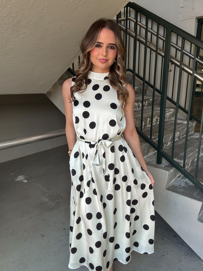 High Neck Polka Dot Tie Dress