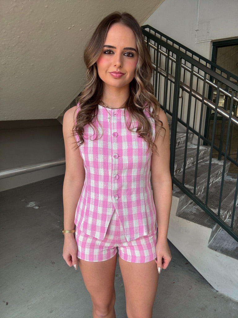 Pink Gingham High Neck Top