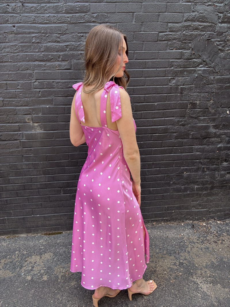 ASTR Bow Strap Satin Dress - Pink Dot