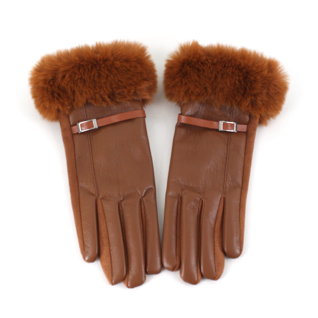Faux Leather Gloves w/Faux Fur: Camel