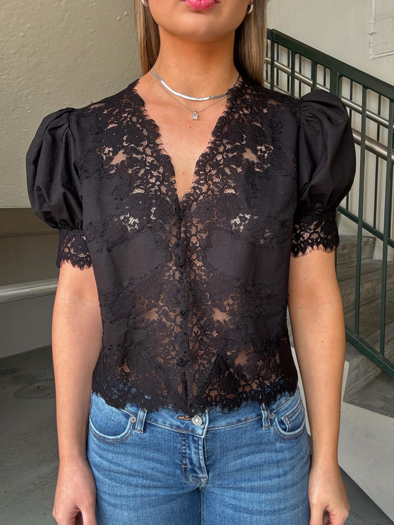 Lace Trimmed Linen Button Down - Black