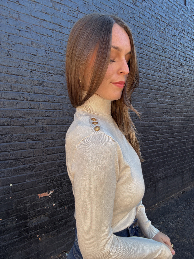 Gold Button Turtleneck Sweater- Cream