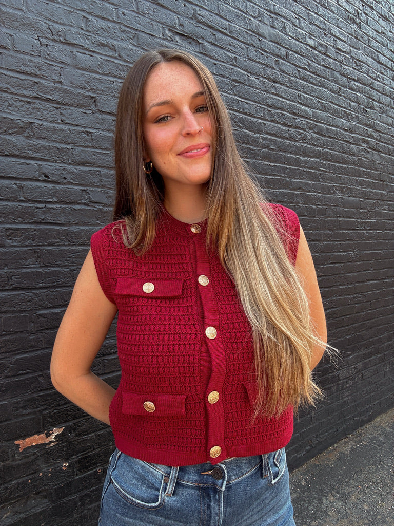 Selena Button Knit Top - Burgundy