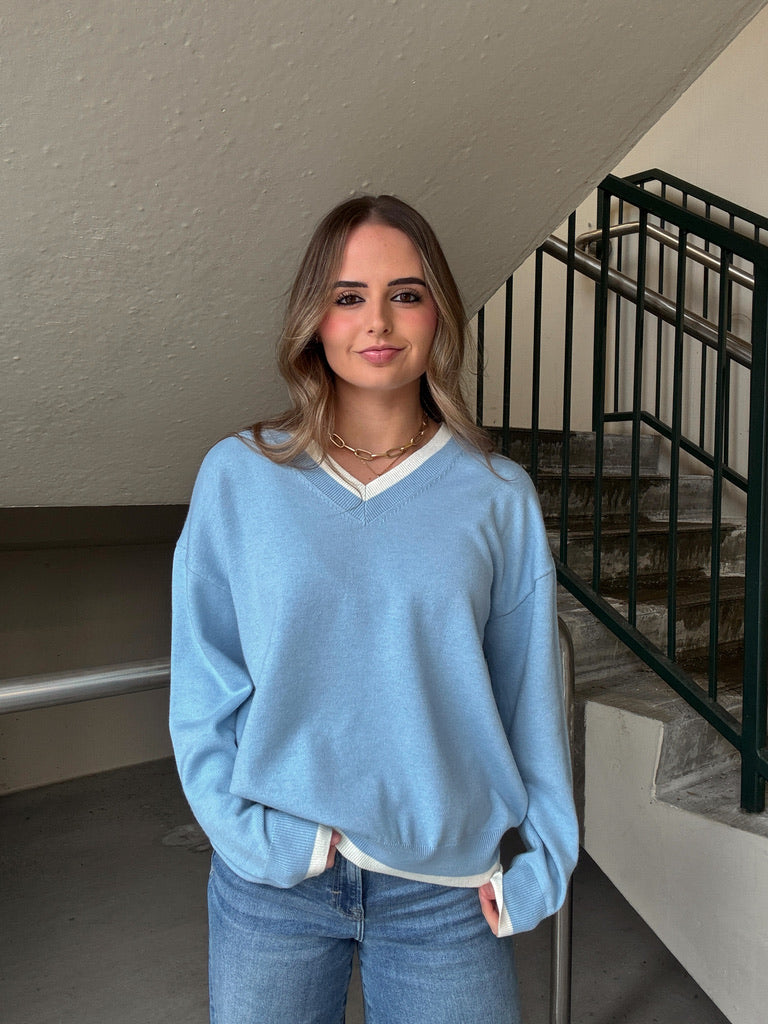 White Trim V-Neck Sweater - Blue