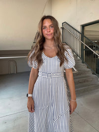 Puff Sleeve Navy stripe Midi Dress