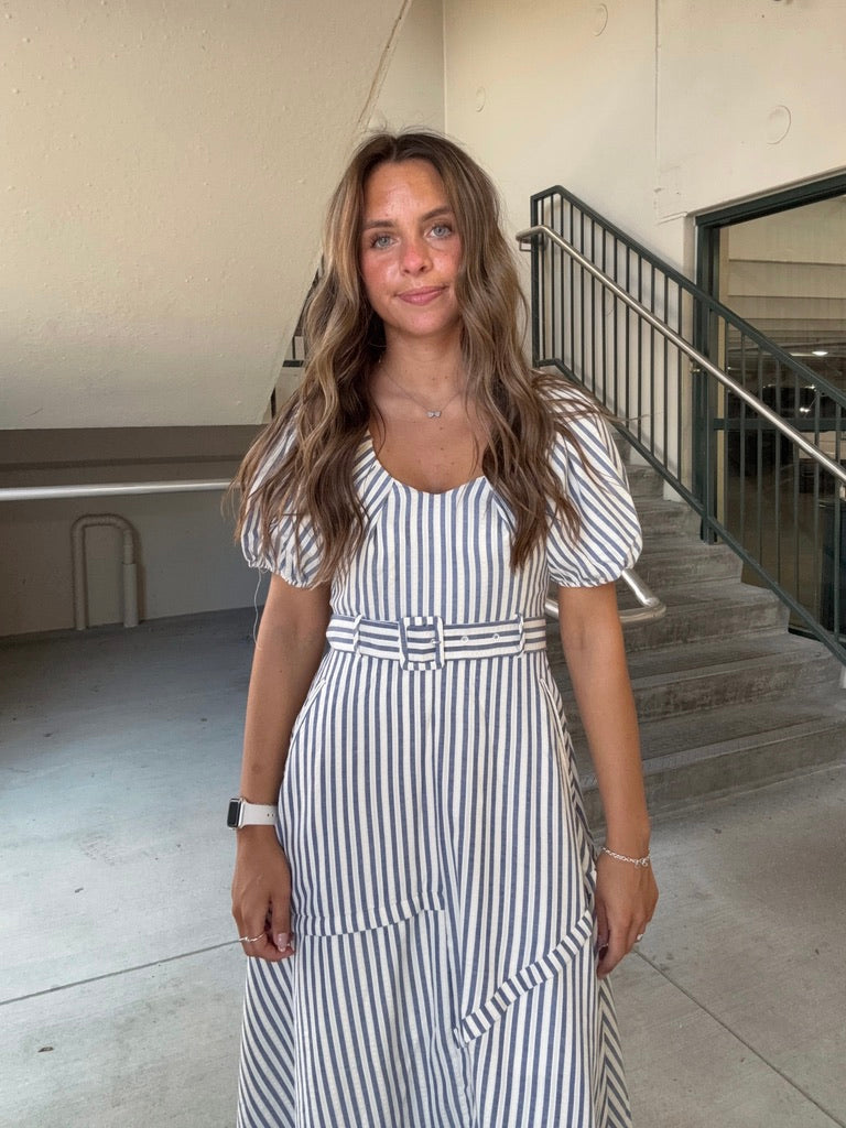 Puff Sleeve Navy stripe Midi Dress