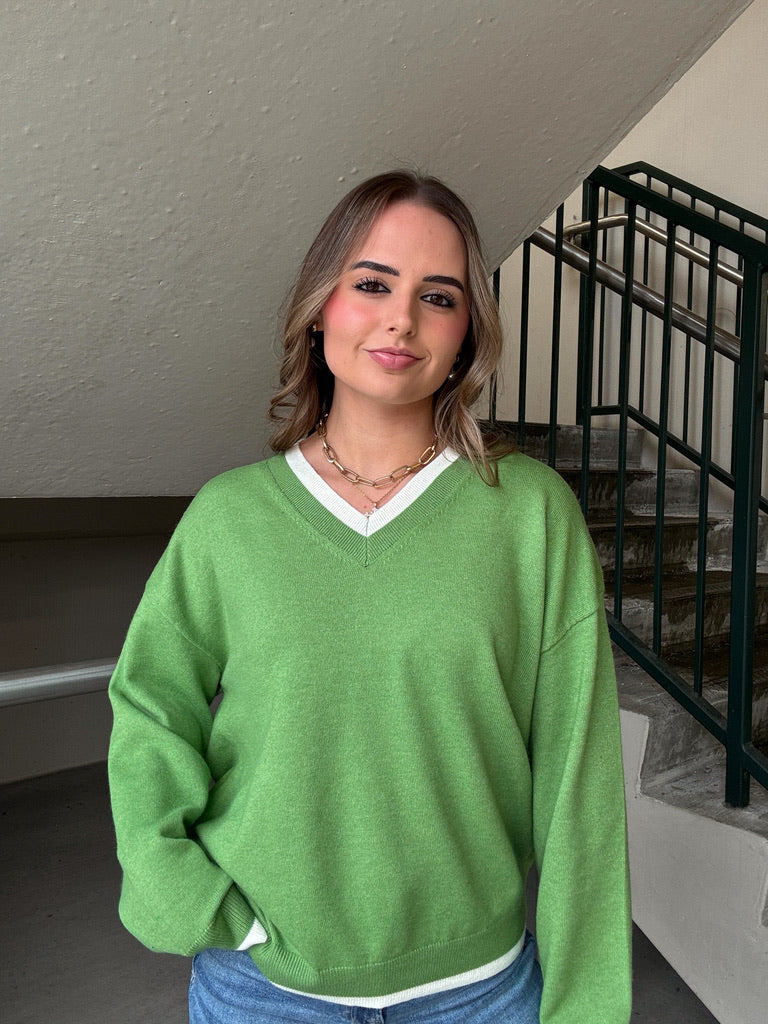 White Trim V-Neck Sweater - Green
