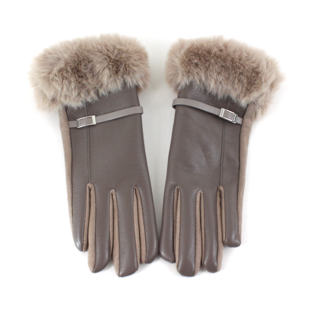 Faux Leather Gloves w/Faux Fur: Gray