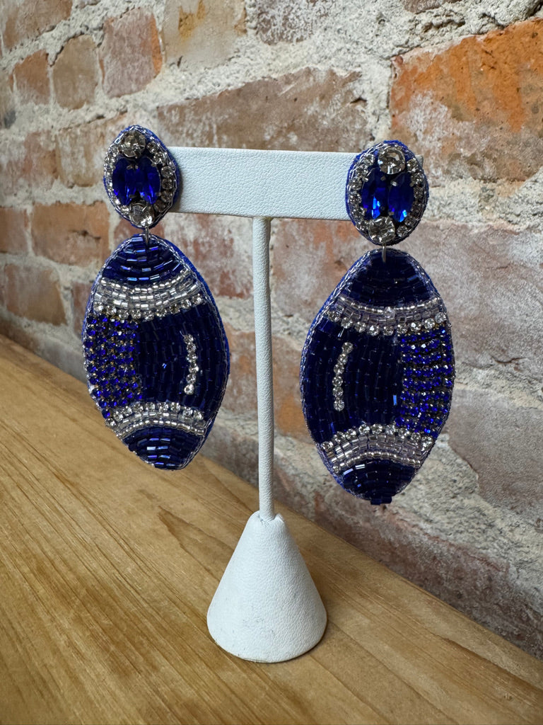 Blue Beaded Football Earrings