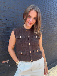 Selena Button Knit Top - Brown
