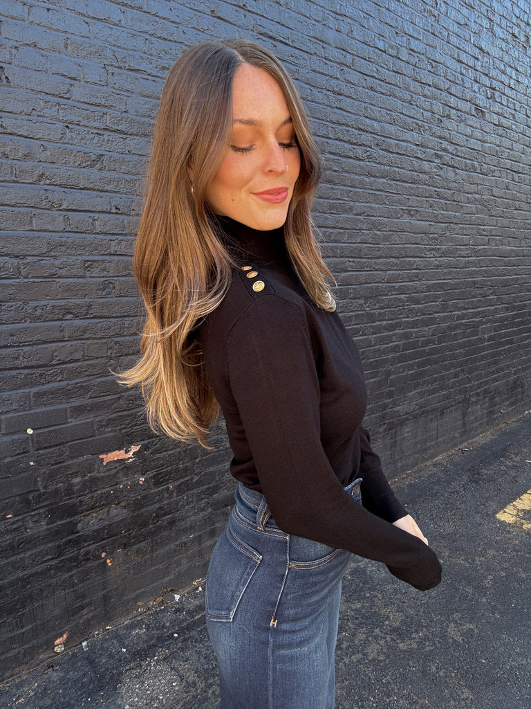 Gold Button Turtleneck Sweater- Black