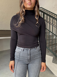 Asymmetrical LS Mock Neck Top - Black