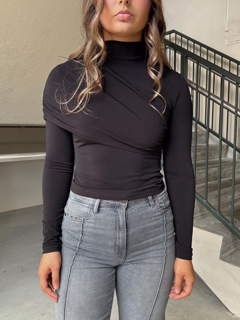 Asymmetrical LS Mock Neck Top - Black