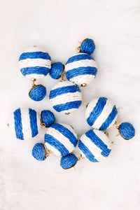 Blue and White Striped Statement Lido Pom Pom Earrings