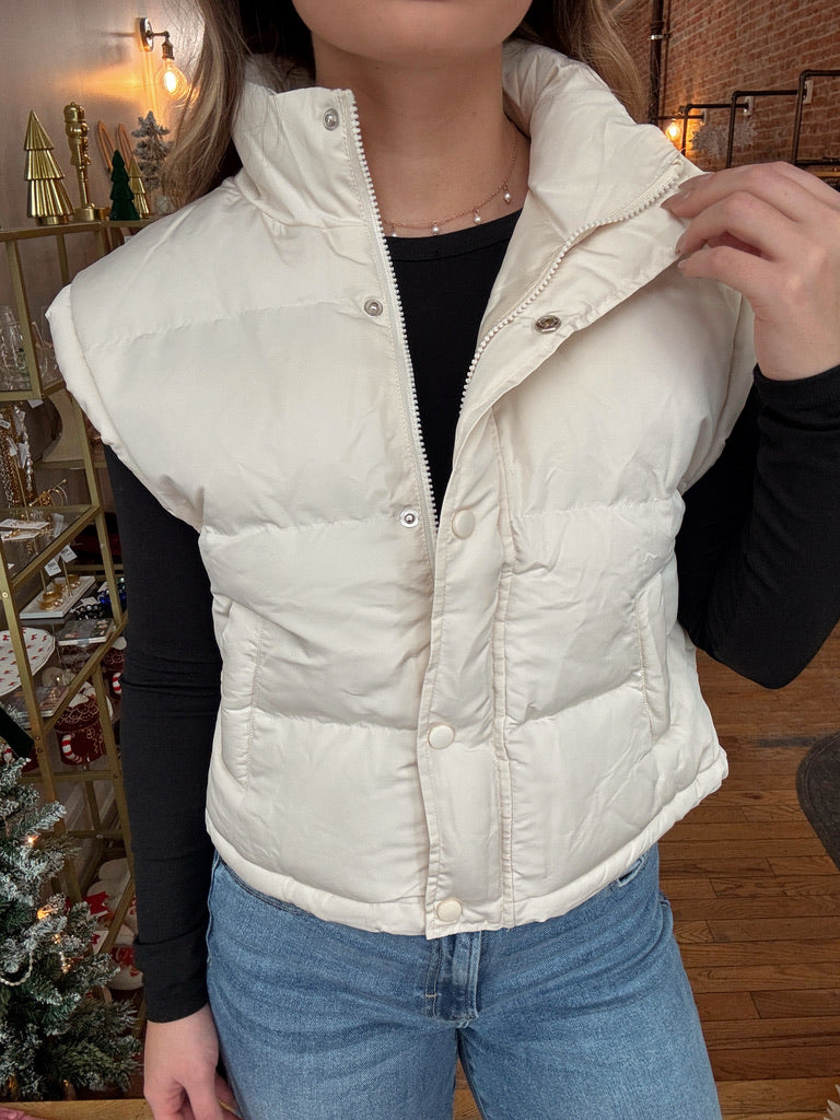 Drawstring Basic Puffer Vest - Cream