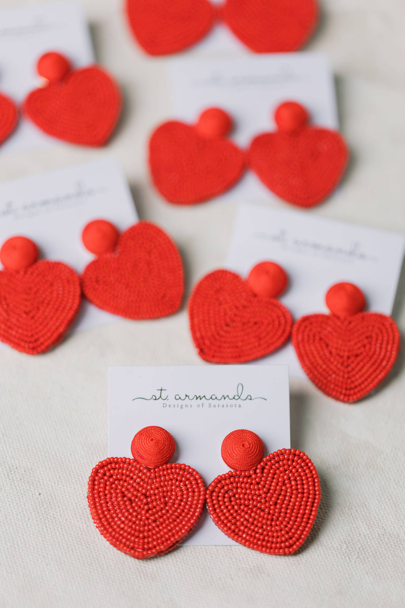 Red Valentines Day Holiday Beaded Heart Statement Earrings
