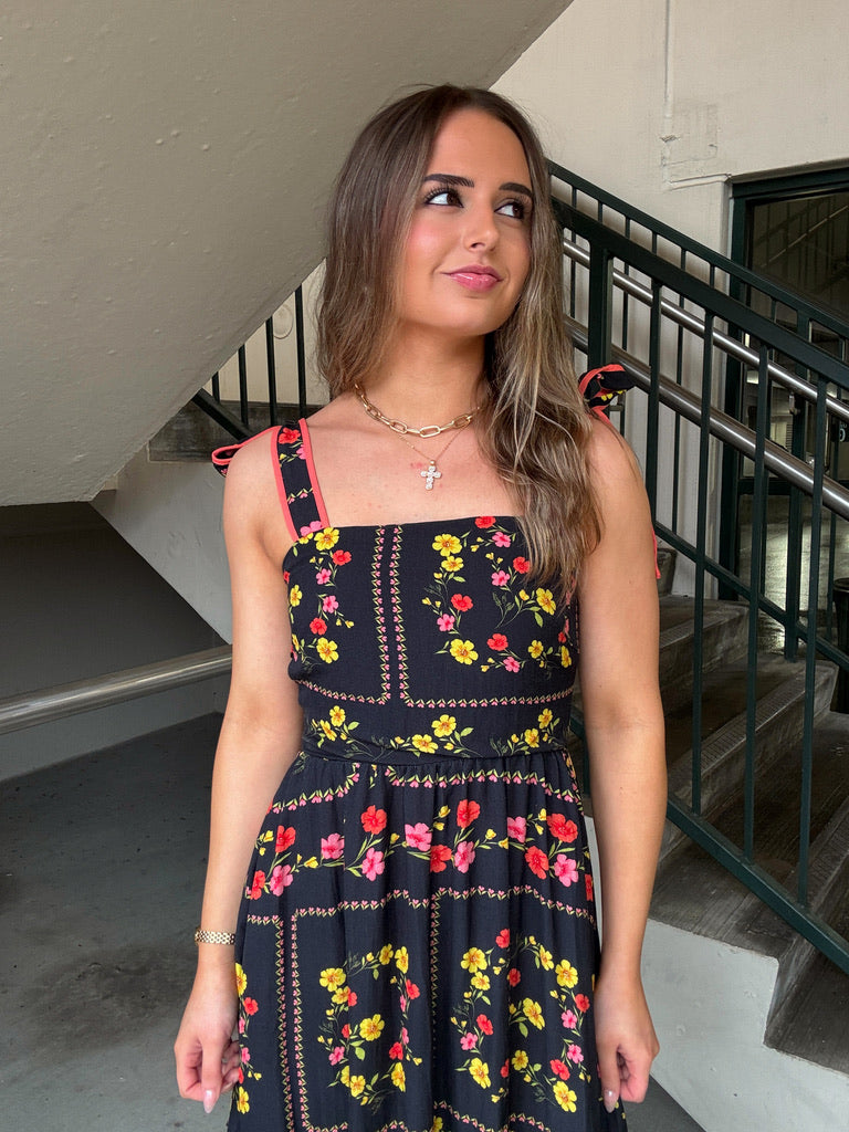 Black Floral Tie Strap Maxi Dress