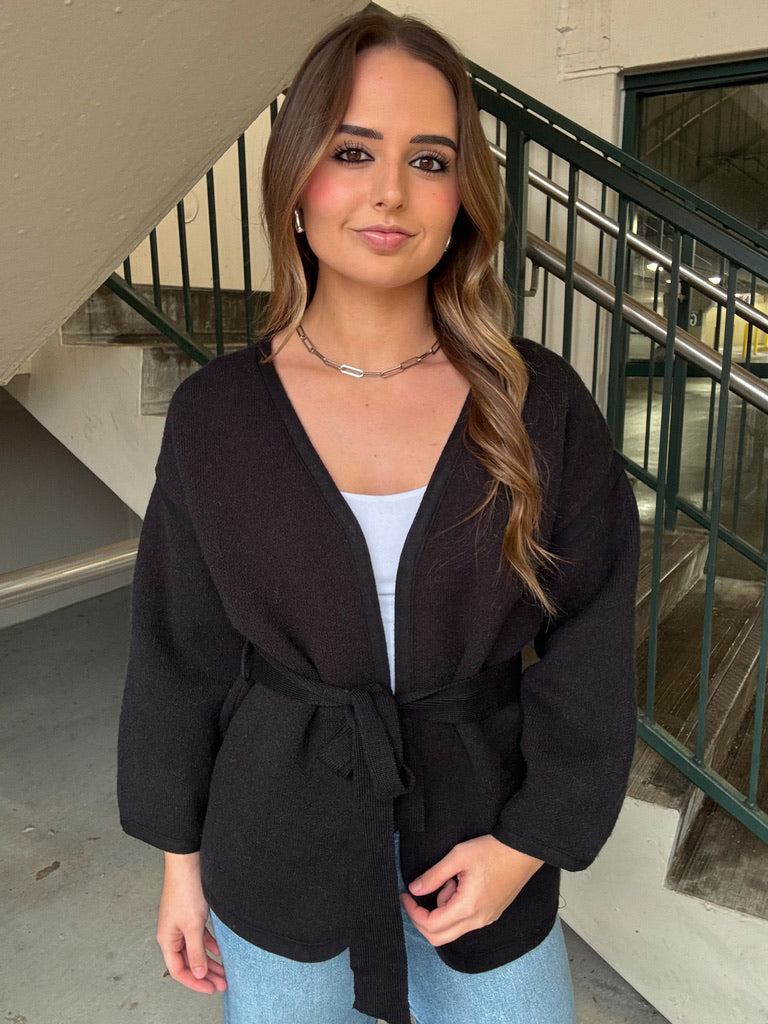 Waist Tie Black Cardigan