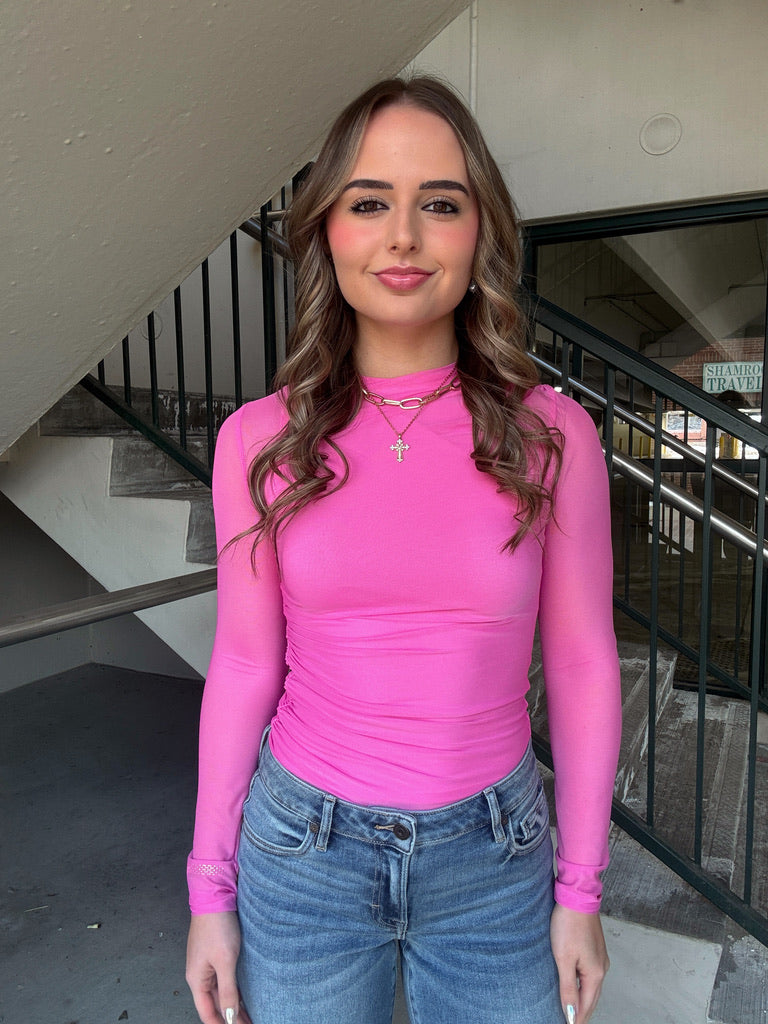 Ruched Mock Neck LS Mesh Sheer Top