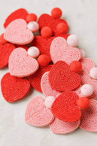 Pink Valentines Day Holiday Beaded Heart Statement Earrings