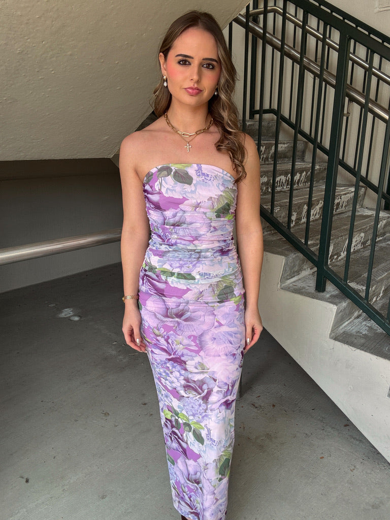Floral Strapless Ruch Side Maxi Dress