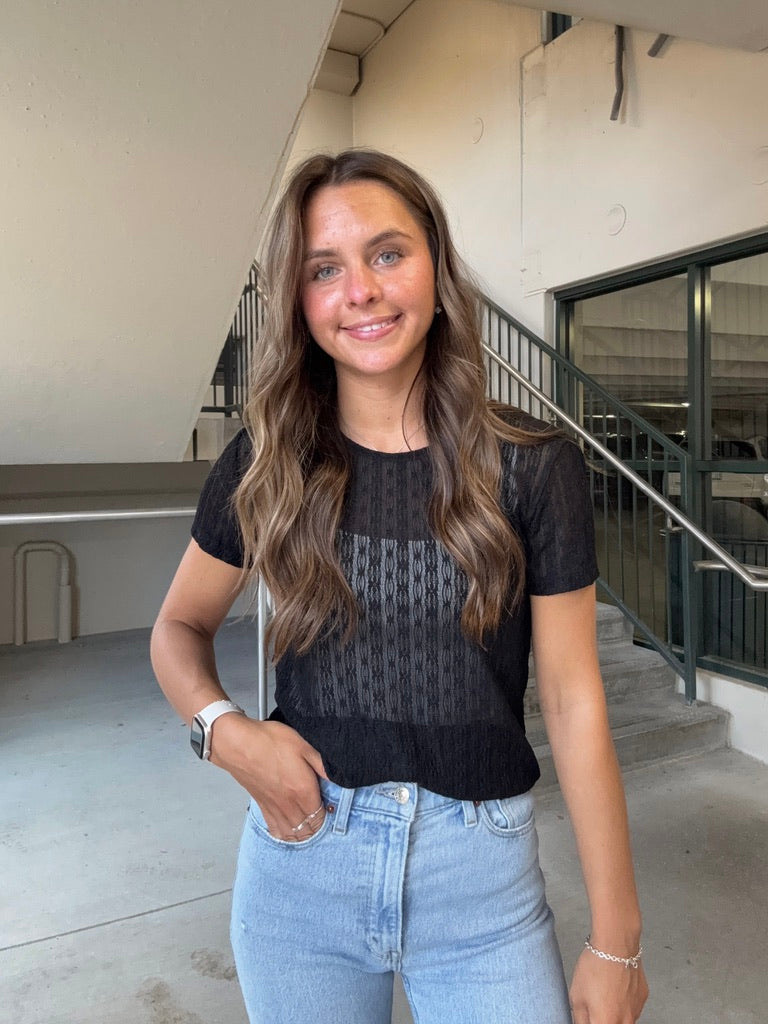 Lace Knit Keyhole Top - Black