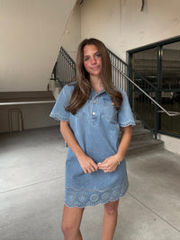 Embroidered Deatil A Line Denim Dress