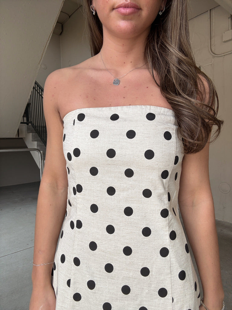 Polka Dot Strapless Linen Dress