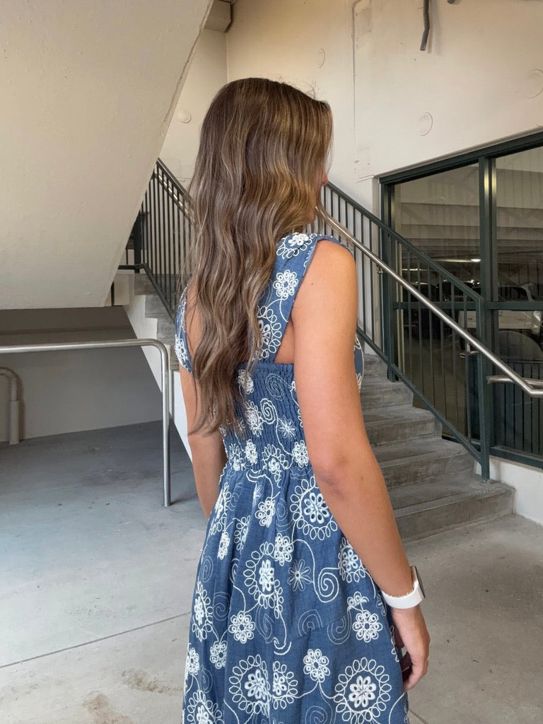 Ivory Embroidered Denim Midi Dress