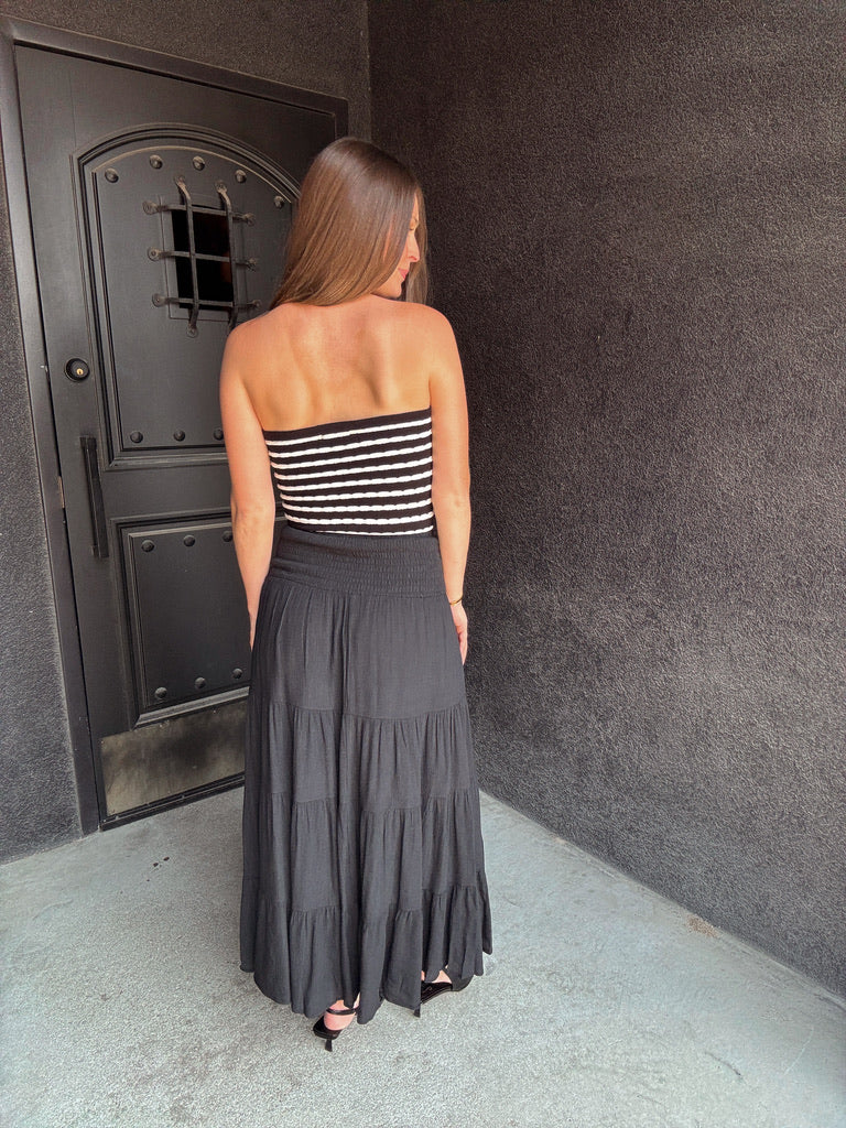 Smocked High Waisted Skirt - Black