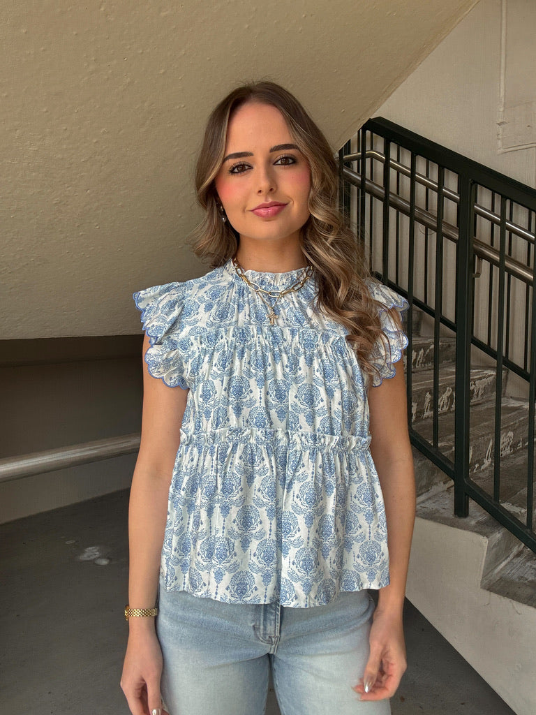Blue Floral High Neck Ruffle Top
