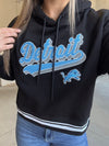 Black Cropped Detroit Lions Hoodie w/ Striped Hem