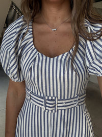 Puff Sleeve Navy stripe Midi Dress