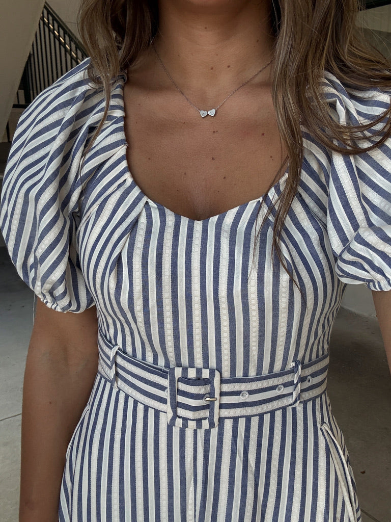 Puff Sleeve Navy stripe Midi Dress