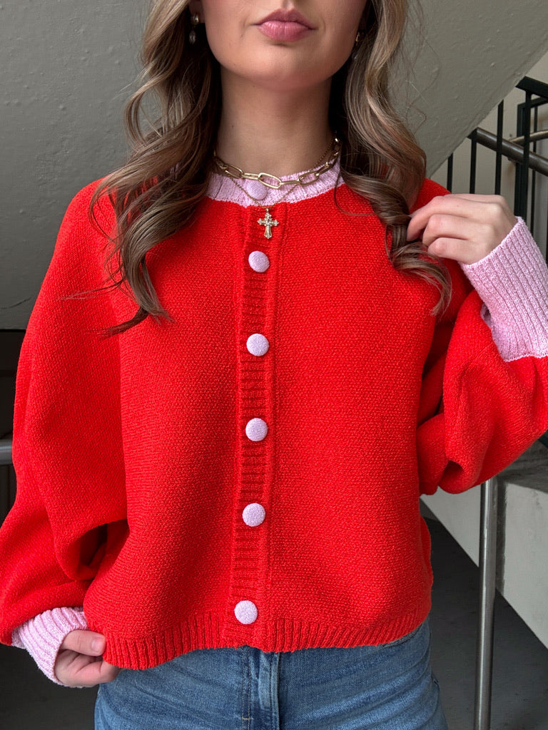 Two-Tone Dolman Cardigan: Red