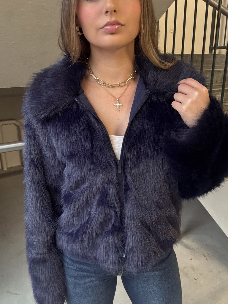 Zip Up Fur Jacket - Navy