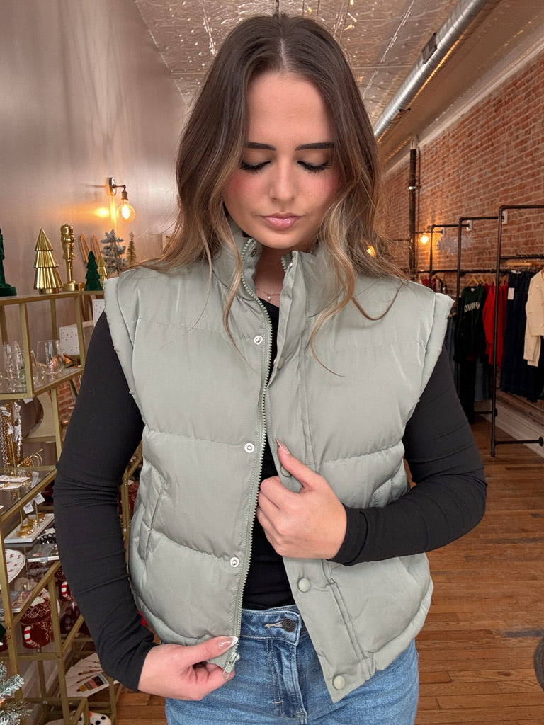 Drawstring Basic Puffer Vest - Sage