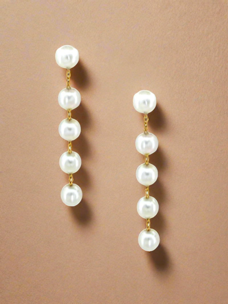 Opulent Five Pearl Drop Dangle Earrings: GOLD