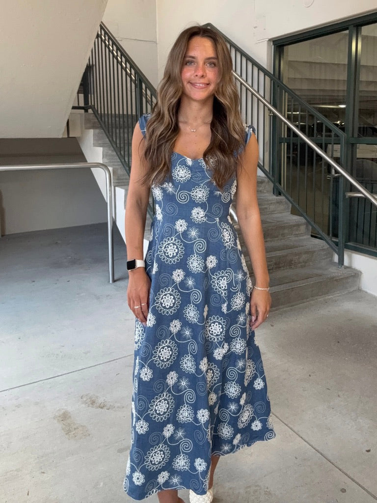 Ivory Embroidered Denim Midi Dress