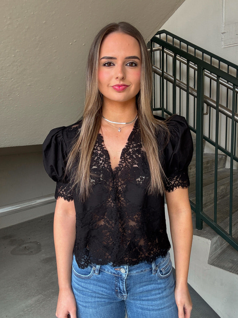 Lace Trimmed Linen Button Down - Black