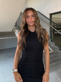 Ruched Mesh High Neck Midi Dress - Black